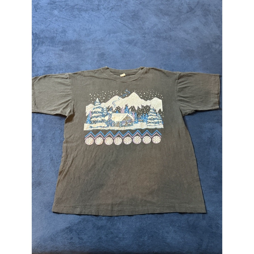 Vintage 90’s Oneita T Shirt Adult Sz M Winter Snow Scene Single Stitch Tee Black